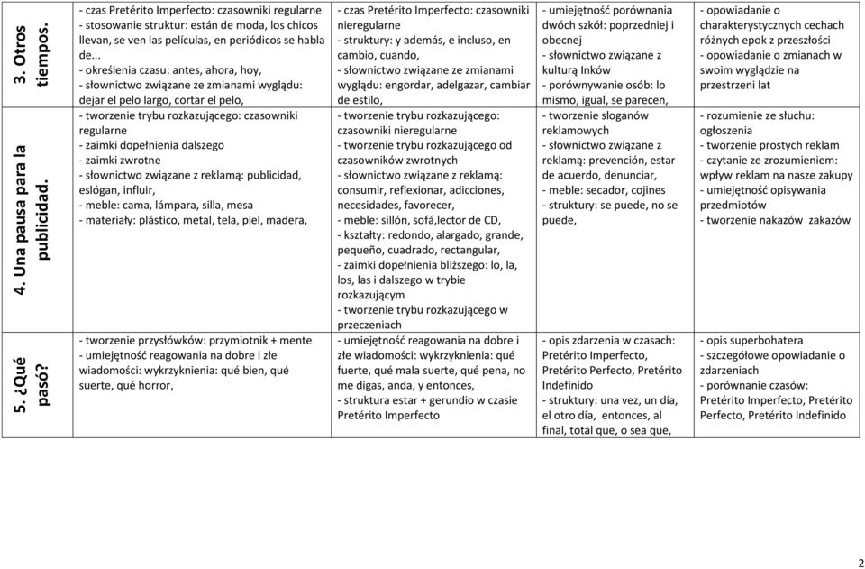 .. - określenia czasu: antes, ahora, hoy, - słownictwo związane ze zmianami wyglądu: dejar el pelo largo, cortar el pelo, - tworzenie trybu rozkazującego: czasowniki regularne - zaimki dopełnienia