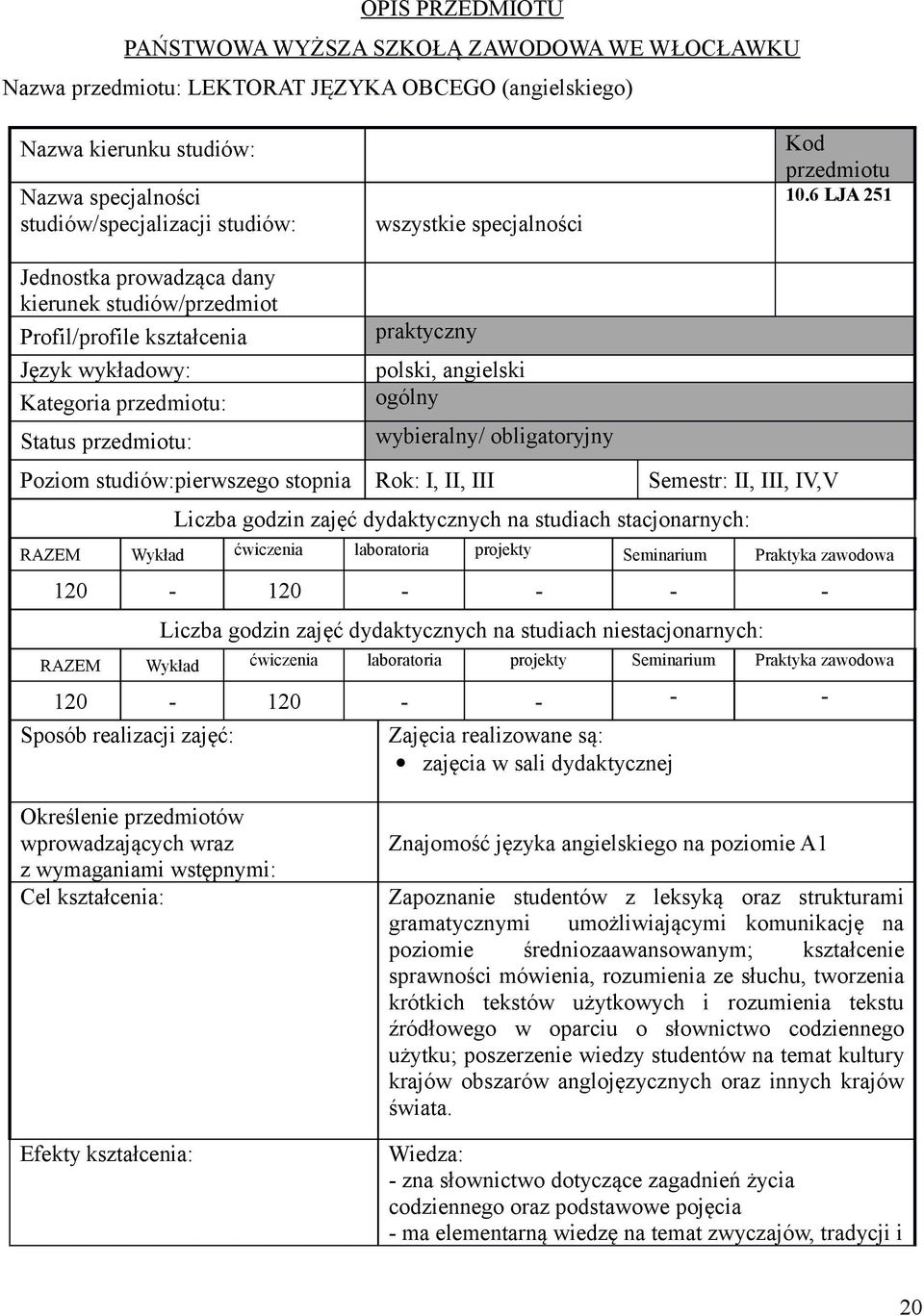 6 LJA 251 Jednostka prowadząca dany kierunek studiów/przedmiot Profil/profile kształcenia Język wykładowy: Kategoria przedmiotu: Status przedmiotu: praktyczny polski, angielski ogólny wybieralny/