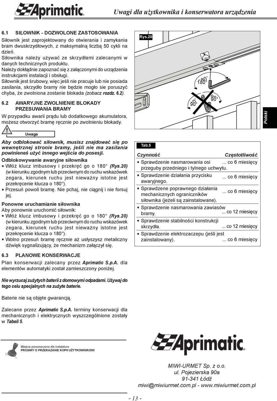 Siłownika należy używać ze skrzydłami zalecanymi w danych technicznych produktu. Należy dokłądnie zapoznać się z załączonymi do urządzenia instrukcjami instalacji i obsługi.