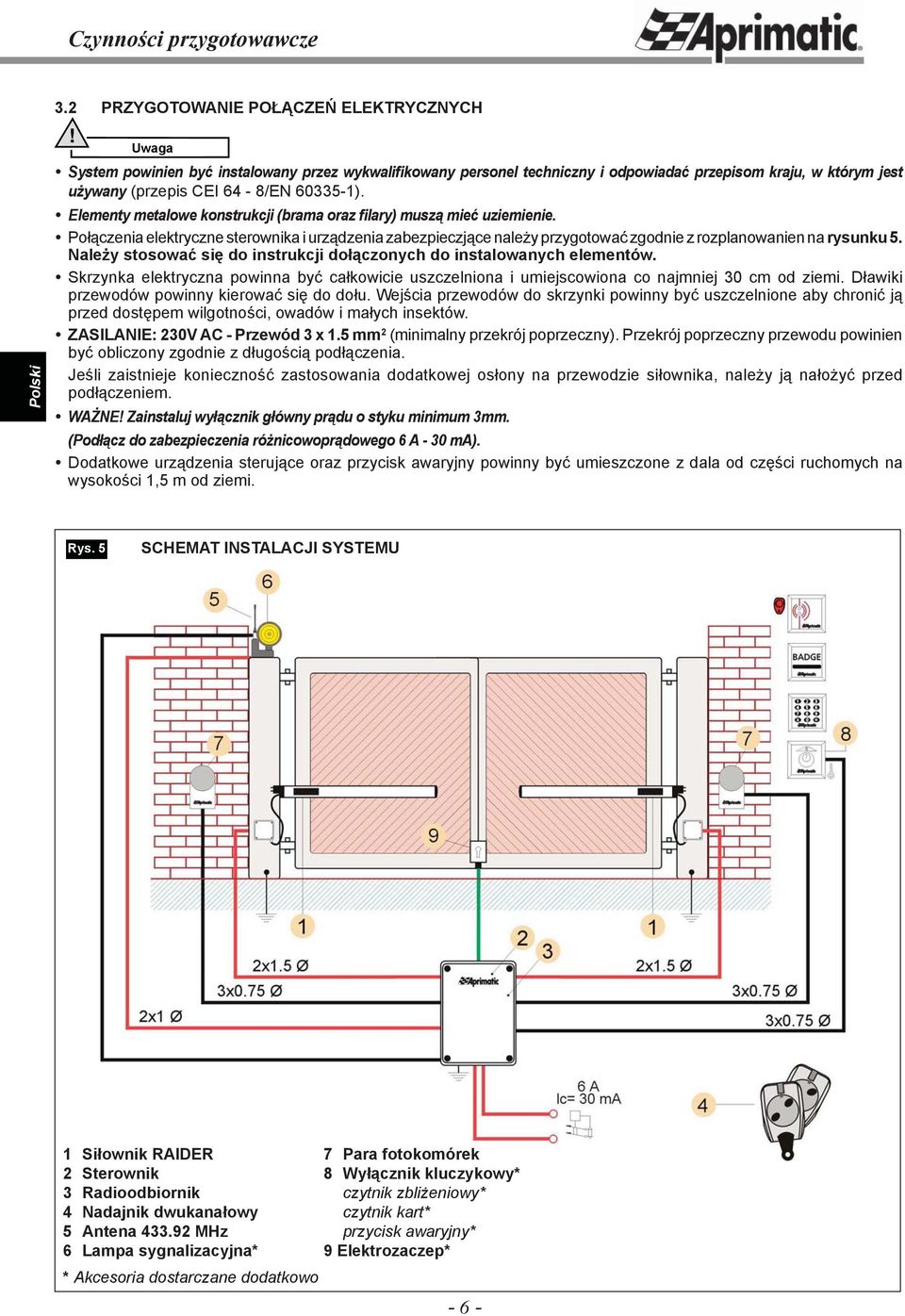 Elementy metalowe konstrukcji (brama oraz filary) muszą mieć uziemienie. Połączenia elektryczne sterownika i urządzenia zabezpieczjące należy przygotować zgodnie z rozplanowanien na rysunku 5.