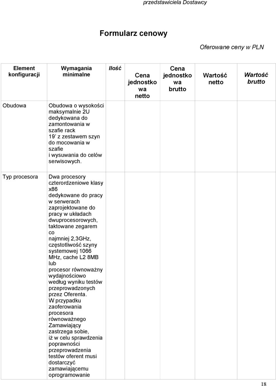 Typ procesora Dwa procesory czterordzeniowe klasy x86 dedykowane do pracy w serwerach zaprojektowane do pracy w układach dwuprocesorowych, taktowane zegarem co najmniej 2,3GHz, częstotliwość szyny