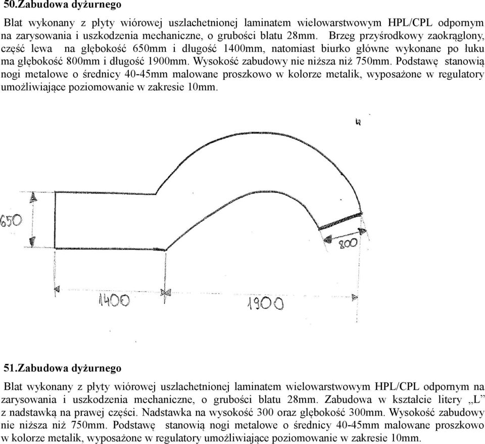 Podstawę stanowią nogi metalowe o średnicy 40-45mm malowane proszkowo w kolorze metalik, wyposażone w regulatory umożliwiające poziomowanie w zakresie 10mm. 51.