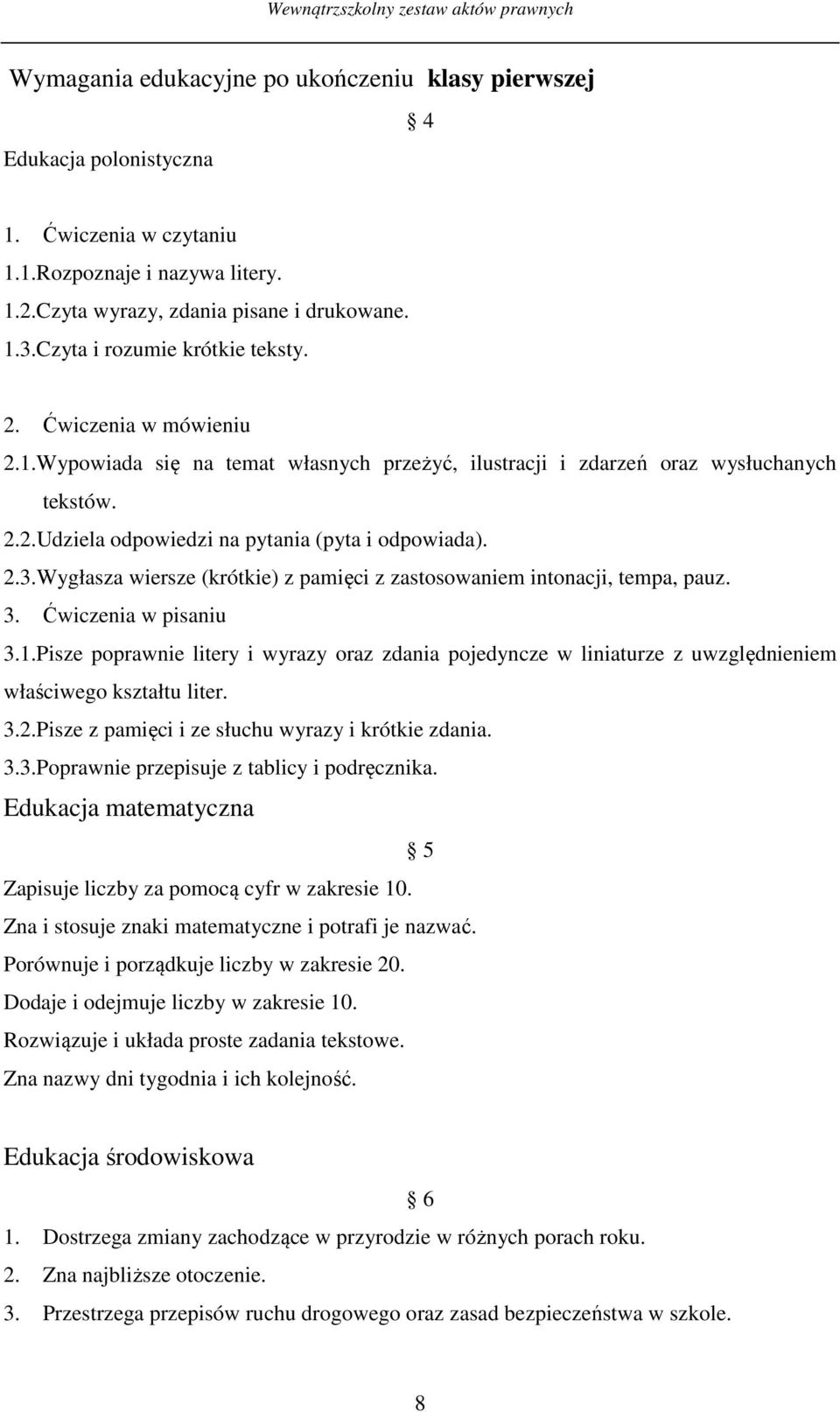 2.3.Wygłasza wiersze (krótkie) z pamięci z zastosowaniem intonacji, tempa, pauz. 3. Ćwiczenia w pisaniu 3.1.