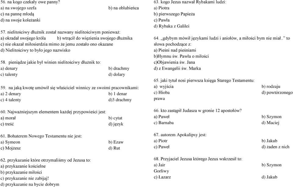 Nielitościwy to było jego nazwisko 58. pieniądze jakie był winien nielitościwy dłużnik to: a) denary b) drachmy c) talenty d) dolary 59.