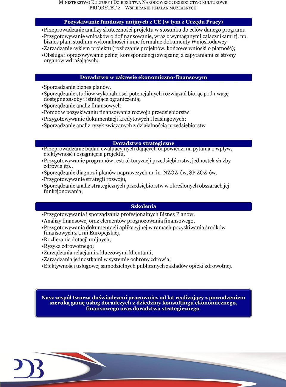 biznes plan, studium wykonalności i inne formalne dokumenty Wnioskodawcy Zarządzanie cyklem projektu (rozliczanie projektów, końcowe wnioski o płatność); Obsługa i opracowywanie pełnej korespondencji