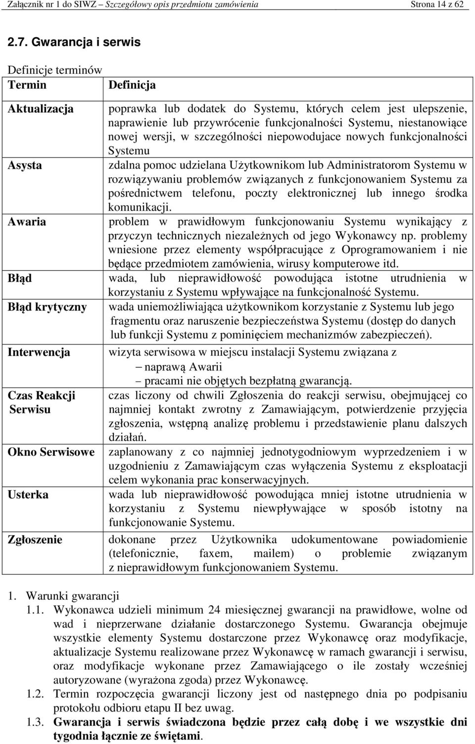 nowej wersji, w szczególności niepowodujace nowych funkcjonalności Systemu Asysta zdalna pomoc udzielana Użytkownikom lub Administratorom Systemu w rozwiązywaniu problemów związanych z