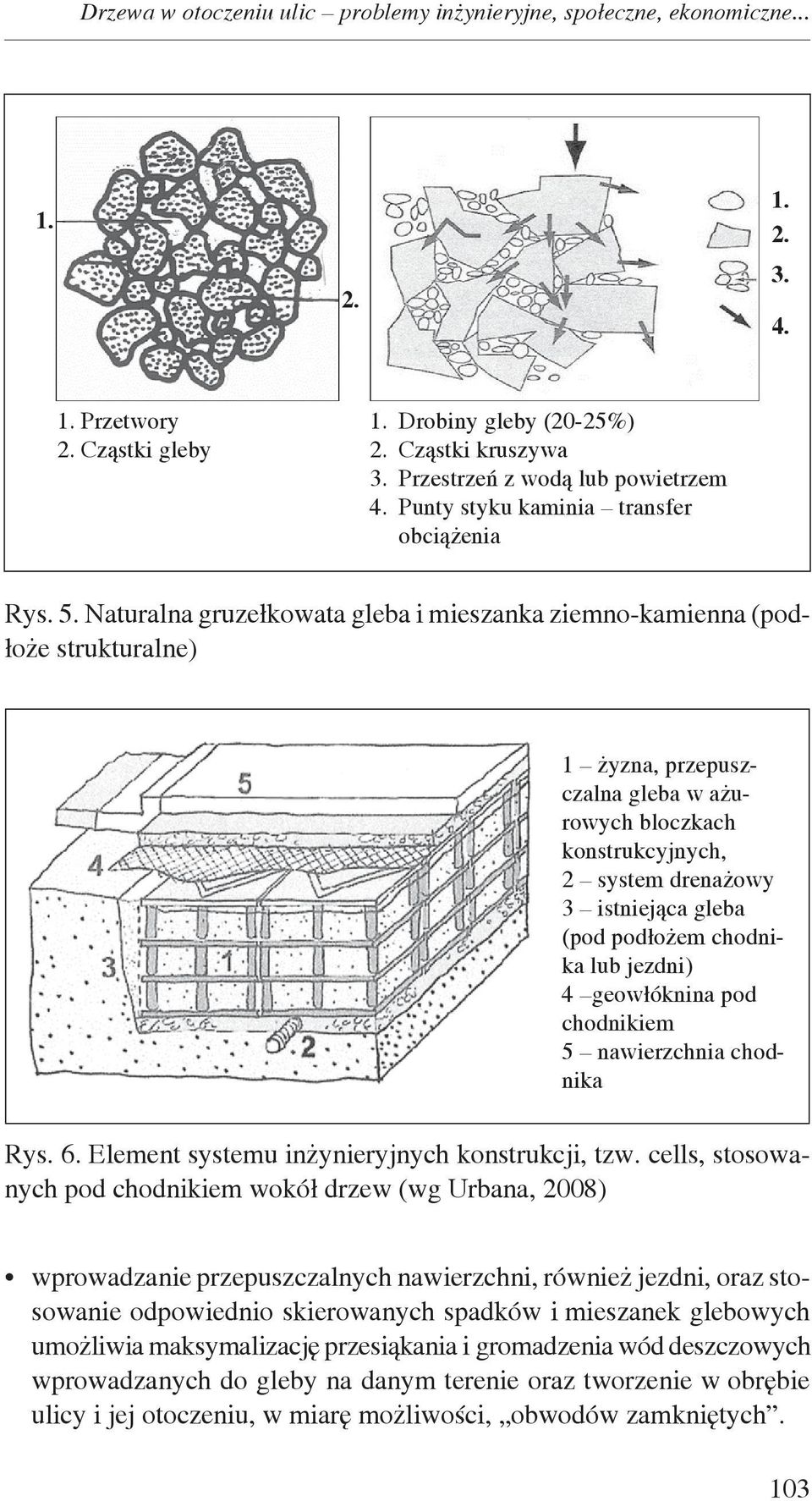 Naturalna gruzełkowata gleba i mieszanka ziemno-kamienna (podłoże strukturalne) 1 żyzna, przepuszczalna gleba w ażurowych bloczkach konstrukcyjnych, 2 system drenażowy 3 istniejąca gleba (pod