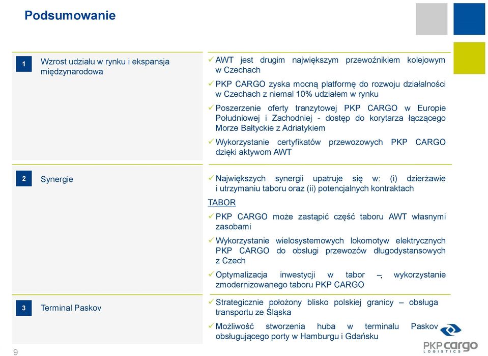 przewozowych PKP CARGO dzięki aktywom AWT 2 Synergie Największych synergii upatruje się w: (i) dzierżawie i utrzymaniu taboru oraz (ii) potencjalnych kontraktach TABOR PKP CARGO może zastąpić część