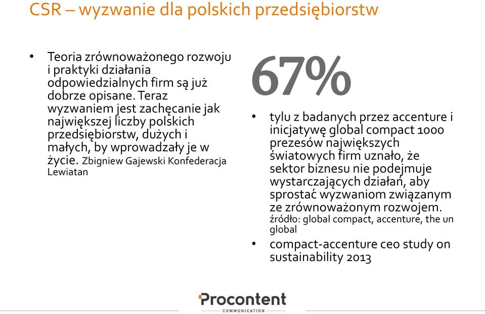 Zbigniew Gajewski Konfederacja Lewiatan 67% tylu z badanych przez accenture i inicjatywe global compact 1000 prezesów największych s wiatowych firm uznało, z e