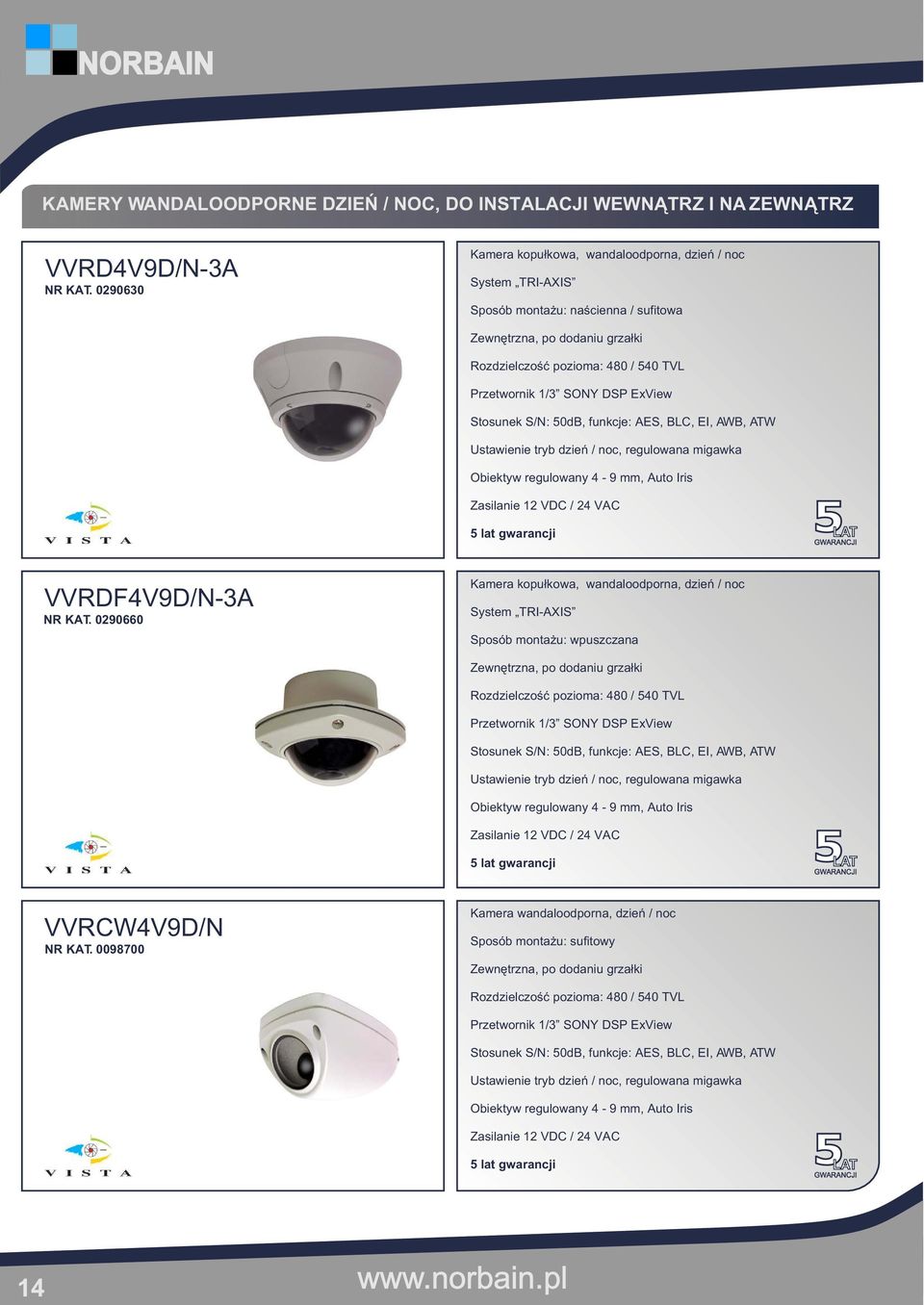 ExView Stosunek S/N: 50dB, funkcje: AES, BLC, EI, AWB, ATW Ustawienie tryb dzieñ / noc, regulowana migawka Obiektyw regulowany 4-9 mm, Auto Iris Zasilanie 12 VDC / 24 VAC VVRDF4V9D/N-3A NR KAT.