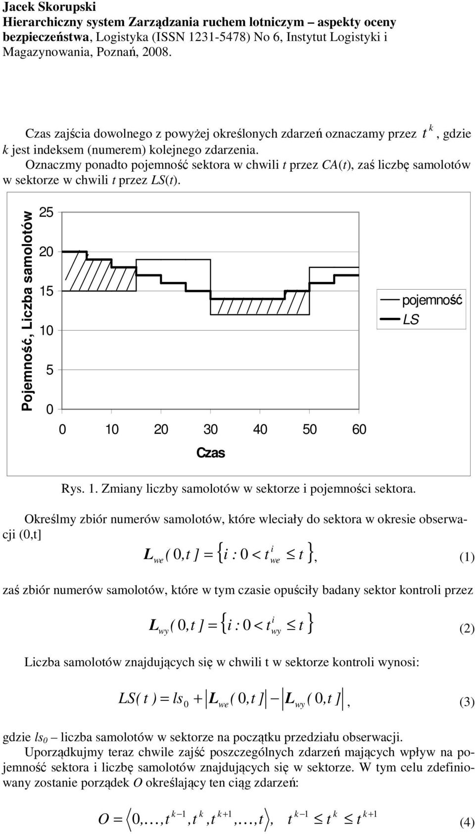 Pojemność, Liczba samolotów 25 20 15 10 5 0 0 10 20 30 40 50 60 Czas pojemność LS Rys. 1. Zmiany liczby samolotów w setorze i pojemności setora.