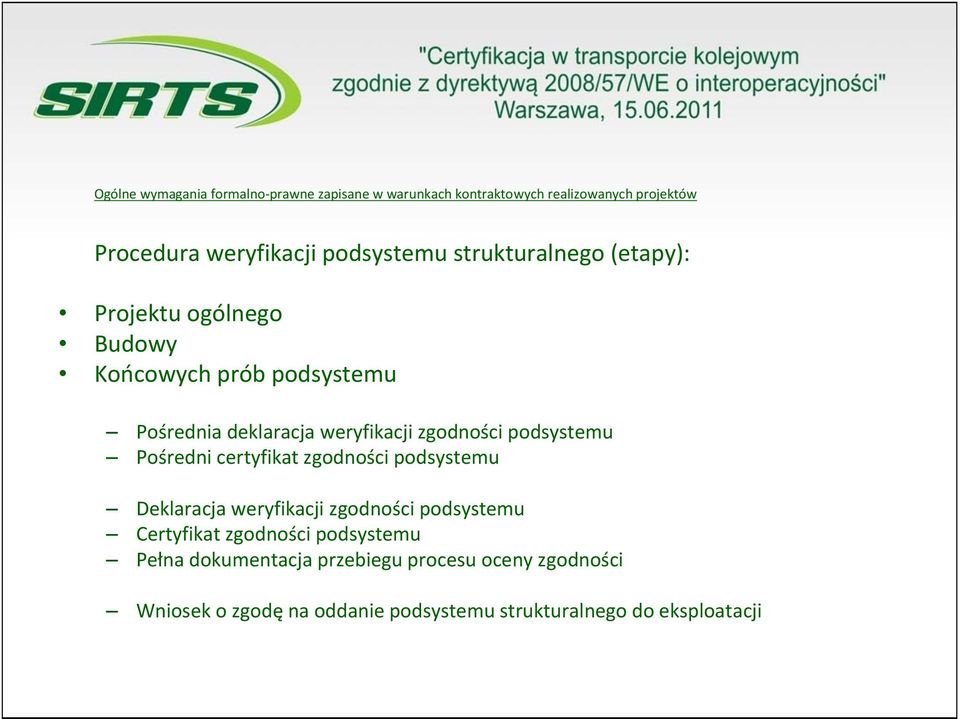 zgodności podsystemu Pośredni certyfikat zgodności podsystemu Deklaracja weryfikacji zgodności podsystemu Certyfikat