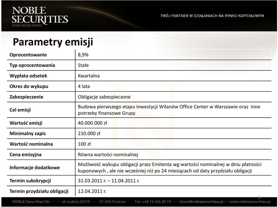 000 zł 210.000 zł 100 zł Cena emisyjna Informacje dodatkowe Równa wartości nominalnej Termin subskrypcji 31.03.2011 r.