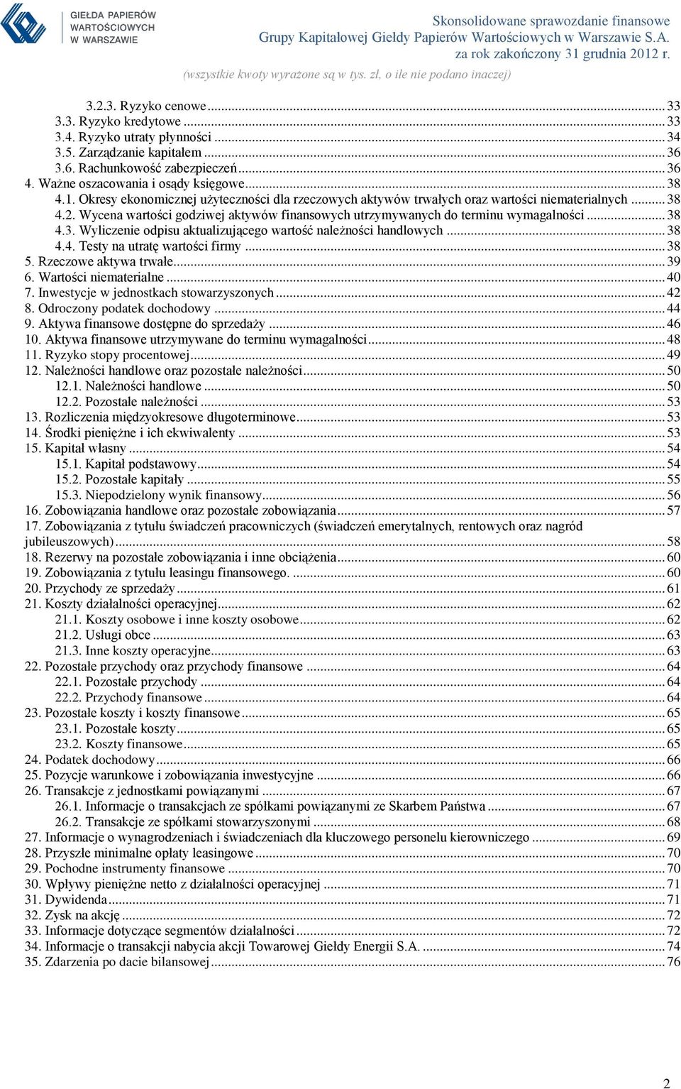 .. 38 4.3. Wyliczenie odpisu aktualizującego wartość należności handlowych... 38 4.4. Testy na utratę wartości firmy... 38 5. Rzeczowe aktywa trwałe... 39 6. Wartości niematerialne... 40 7.