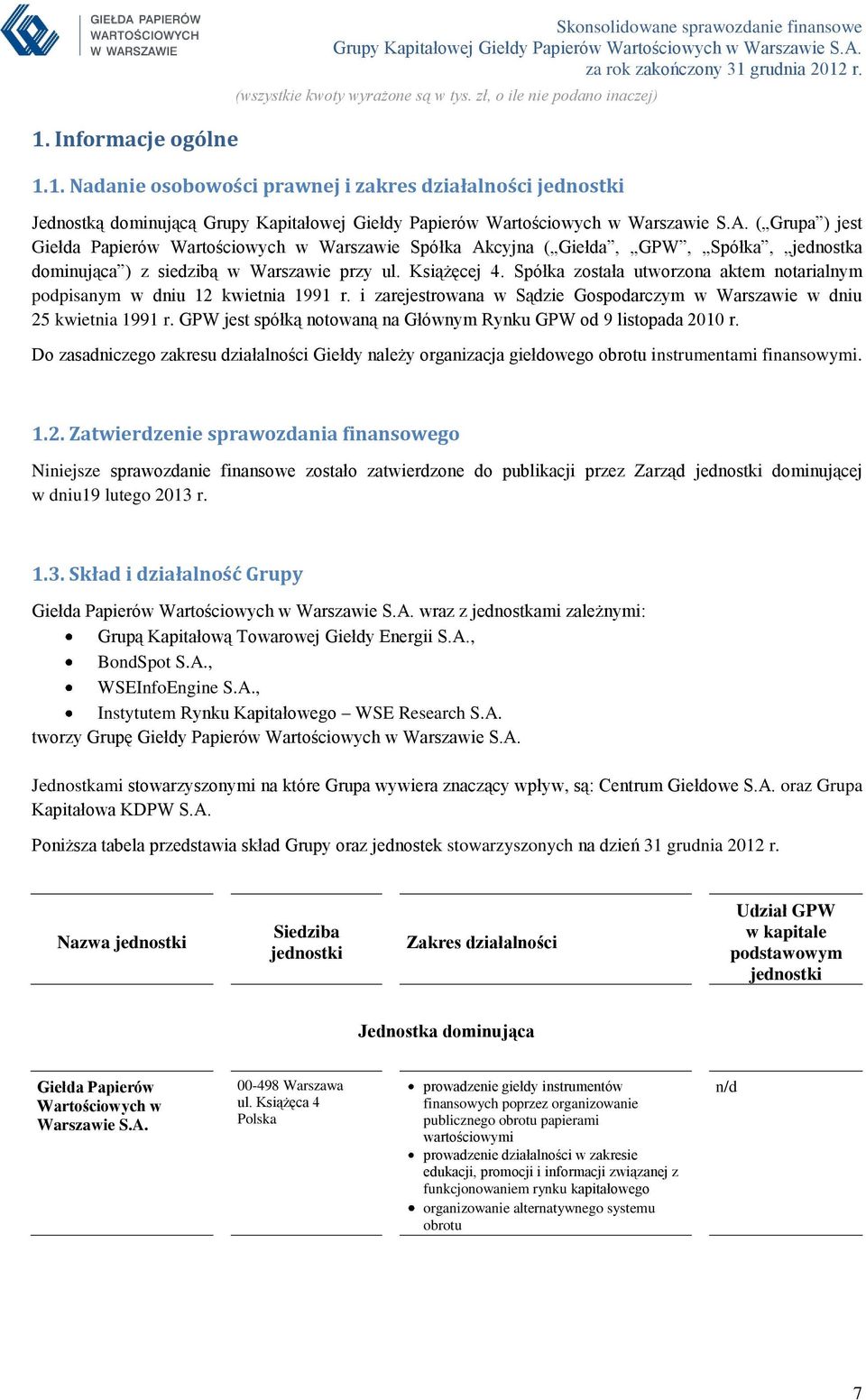 i zarejestrowana w Sądzie Gospodarczym w Warszawie w dniu 25 kwietnia 1991 r. GPW jest spółką notowaną na Głównym Rynku GPW od 9 listopada 2010 r.