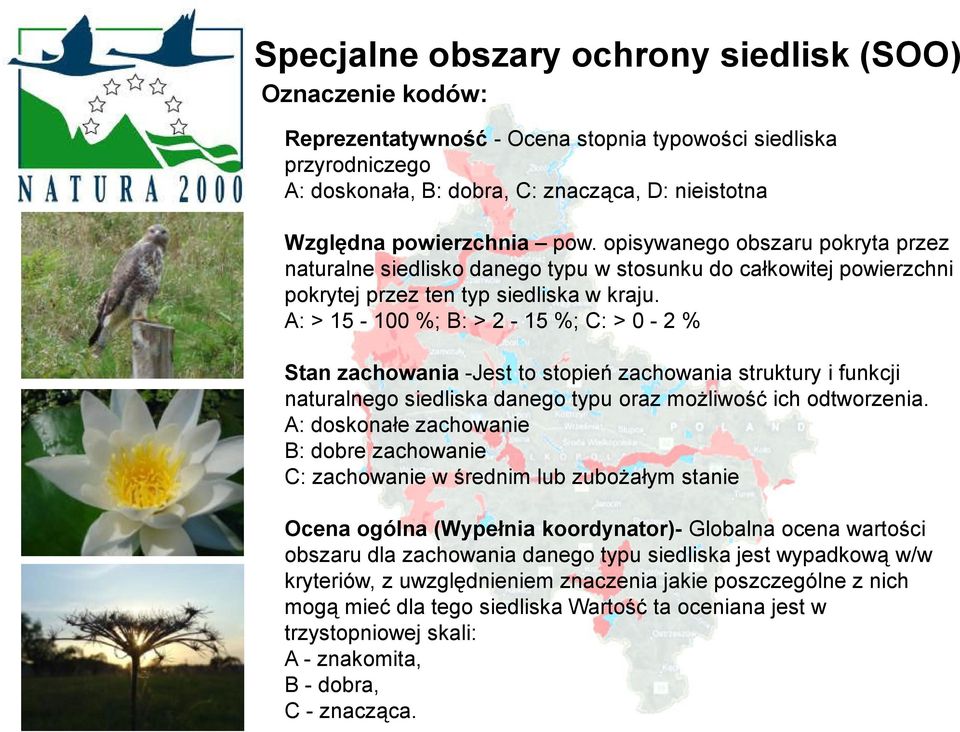 A: > 15-100 %; B: > 2-15 %; C: > 0-2 % Stan zachowania -Jest to stopień zachowania struktury i funkcji naturalnego siedliska danego typu oraz moŝliwość ich odtworzenia.