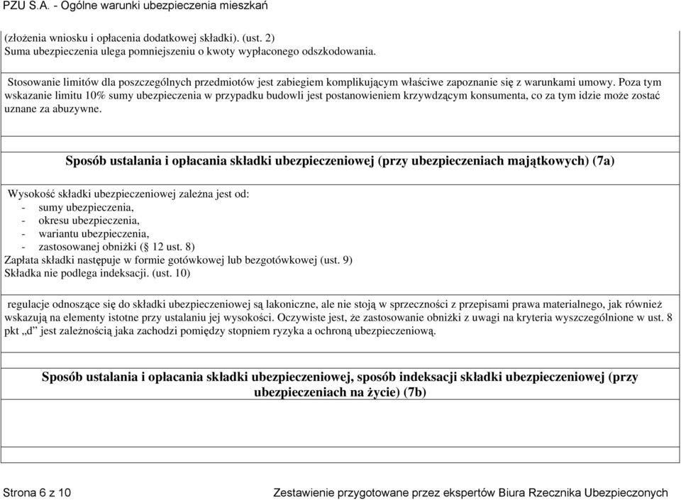 Poza tym wskazanie limitu 10% sumy ubezpieczenia w przypadku budowli jest postanowieniem krzywdzącym konsumenta, co za tym idzie może zostać uznane za abuzywne.