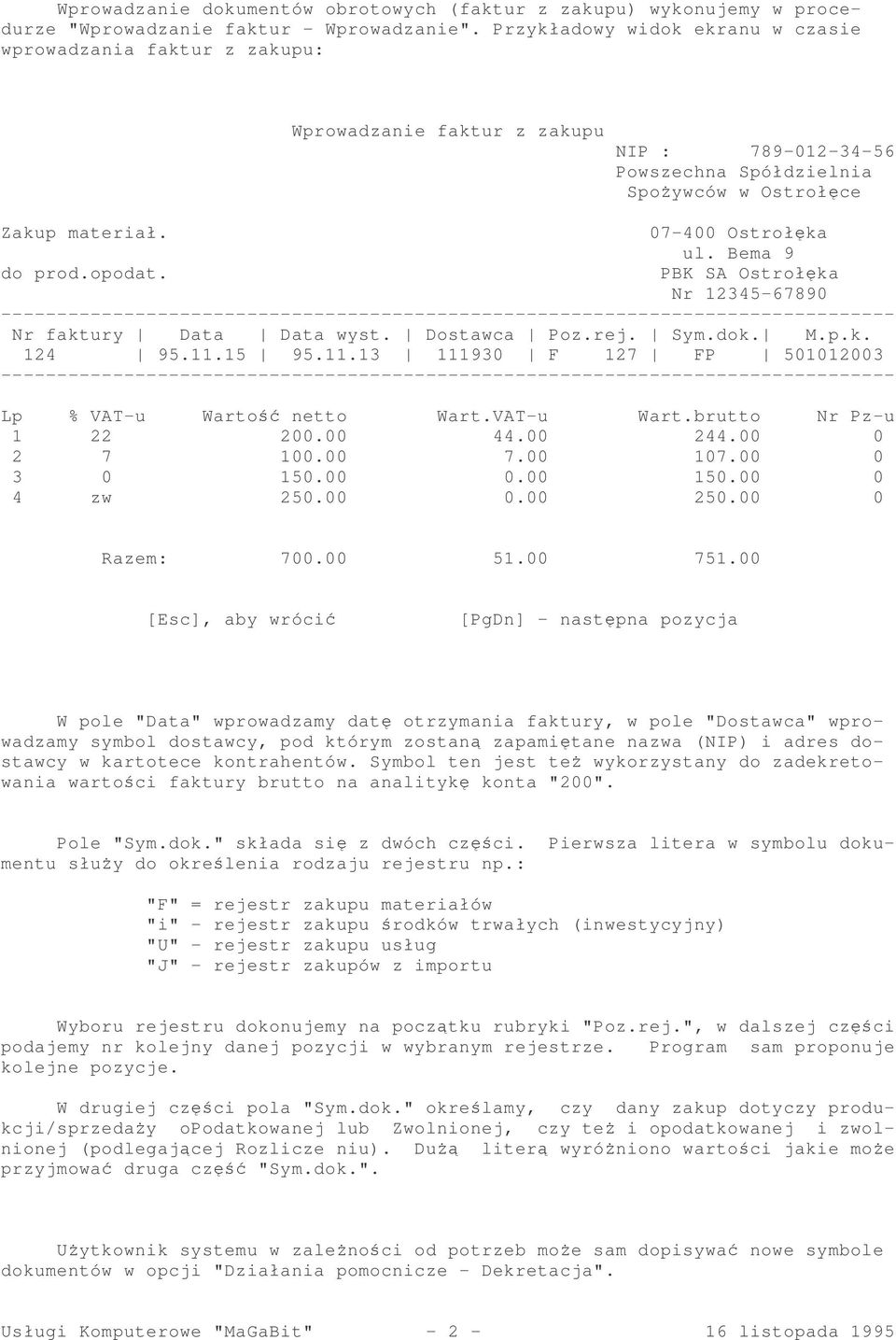 PBK SA Ostrołka Nr 12345-67890 Nr faktury Data Data wyst. Dostawca Poz.rej. Sym.dok. M.p.k. 124 95.11.15 95.11.13 111930 F 127 FP 501012003 Lp % VAT-u Warto netto Wart.VAT-u Wart.brutto Nr Pz-u 1 22 200.