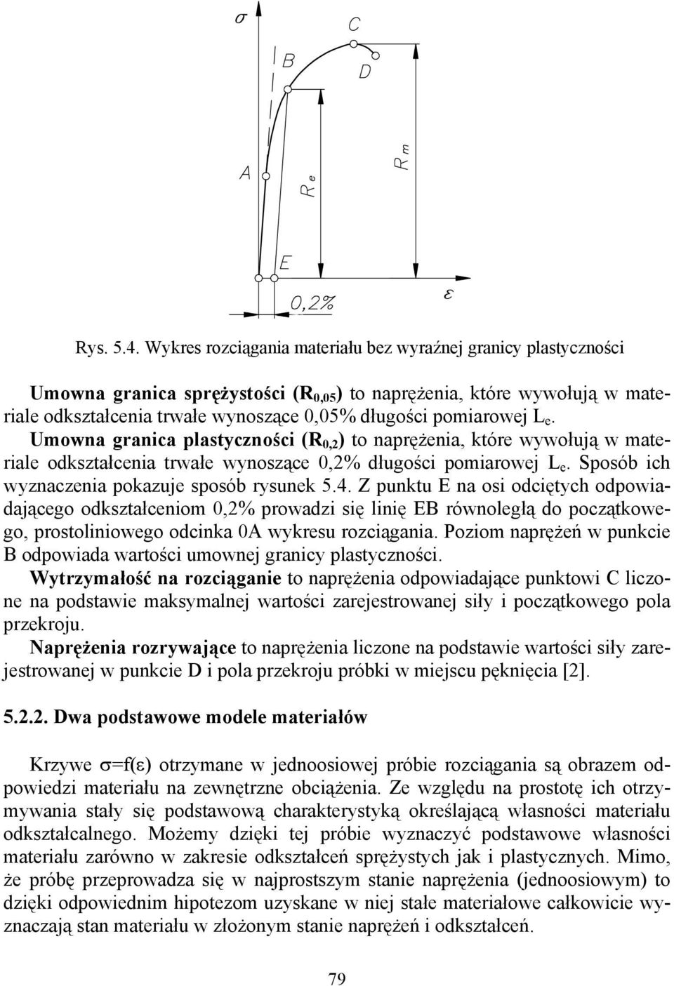 Umowna granica plastyczności (R,2 ) to naprężenia, które wywołują w materiale odkształcenia trwałe wynoszące,2% długości pomiarowej L e. Sposób ich wyznaczenia pokazuje sposób rysunek 5.4.