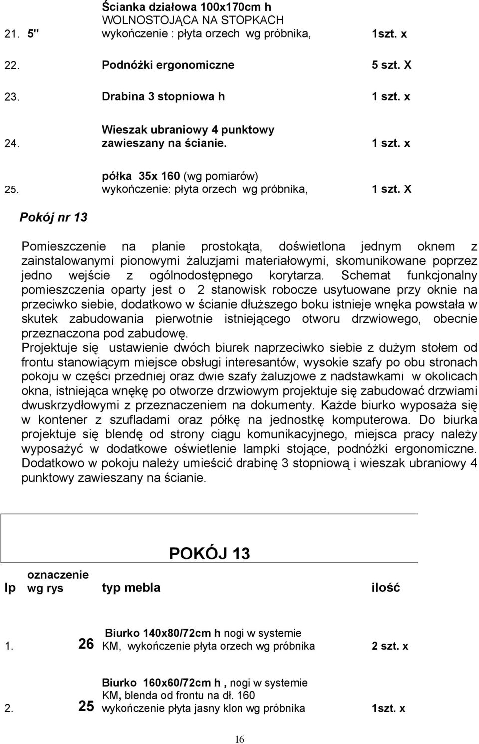 X Pomieszczenie na planie prostokąta, doświetlona jednym oknem z zainstalowanymi pionowymi żaluzjami materiałowymi, skomunikowane poprzez jedno wejście z ogólnodostępnego korytarza.