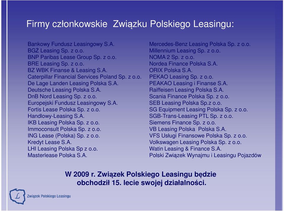 z o.o. Immoconsult Polska Sp. z o.o. ING Lease (Polska) Sp. z o.o. Kredyt Lease S.A. LHI Leasing Polska Sp z o.o. Masterlease Polska S.A. Mercedes-Benz Leasing Polska Sp. z o.o. Millennium Leasing Sp.