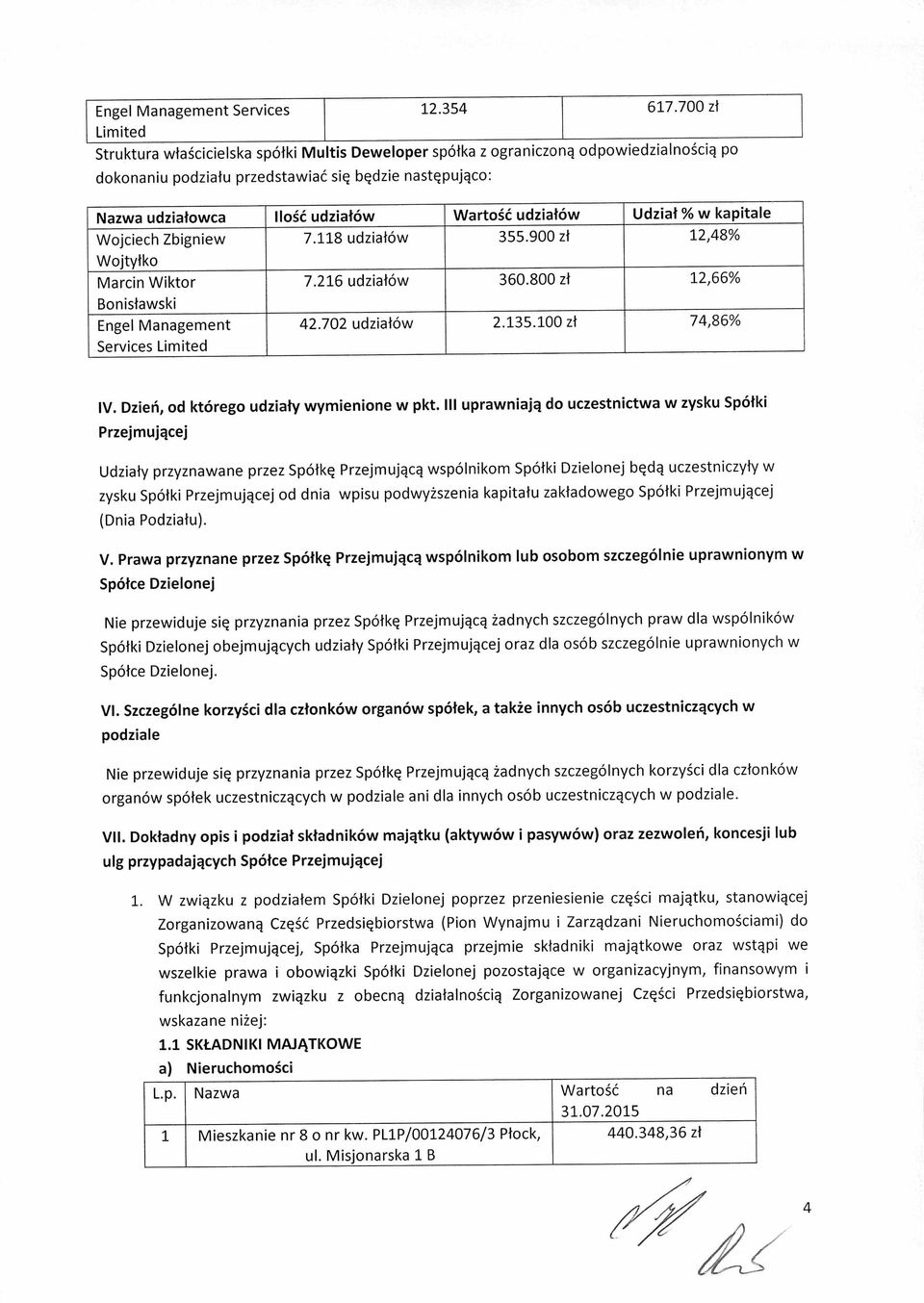 Wartość udziałów Udział % w kapitale Wojciech Zbigniew Wojtyłko Marcin Wiktor Bonisławski Engel Management Services Limited 7.118 udziałów 355.900 zł 12,48% 7.216 udziałów 360.800 zł 12,66% 42.