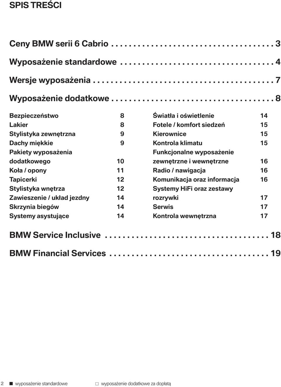 Zawieszenie / układ jezdny 14 Skrzynia biegów 14 Systemy asystujące 14 Światła i oświetlenie 14 Fotele / komfort siedzeń 15 Kierownice 15 Kontrola klimatu 15 Funkcjonalne wyposażenie zewnętrzne i