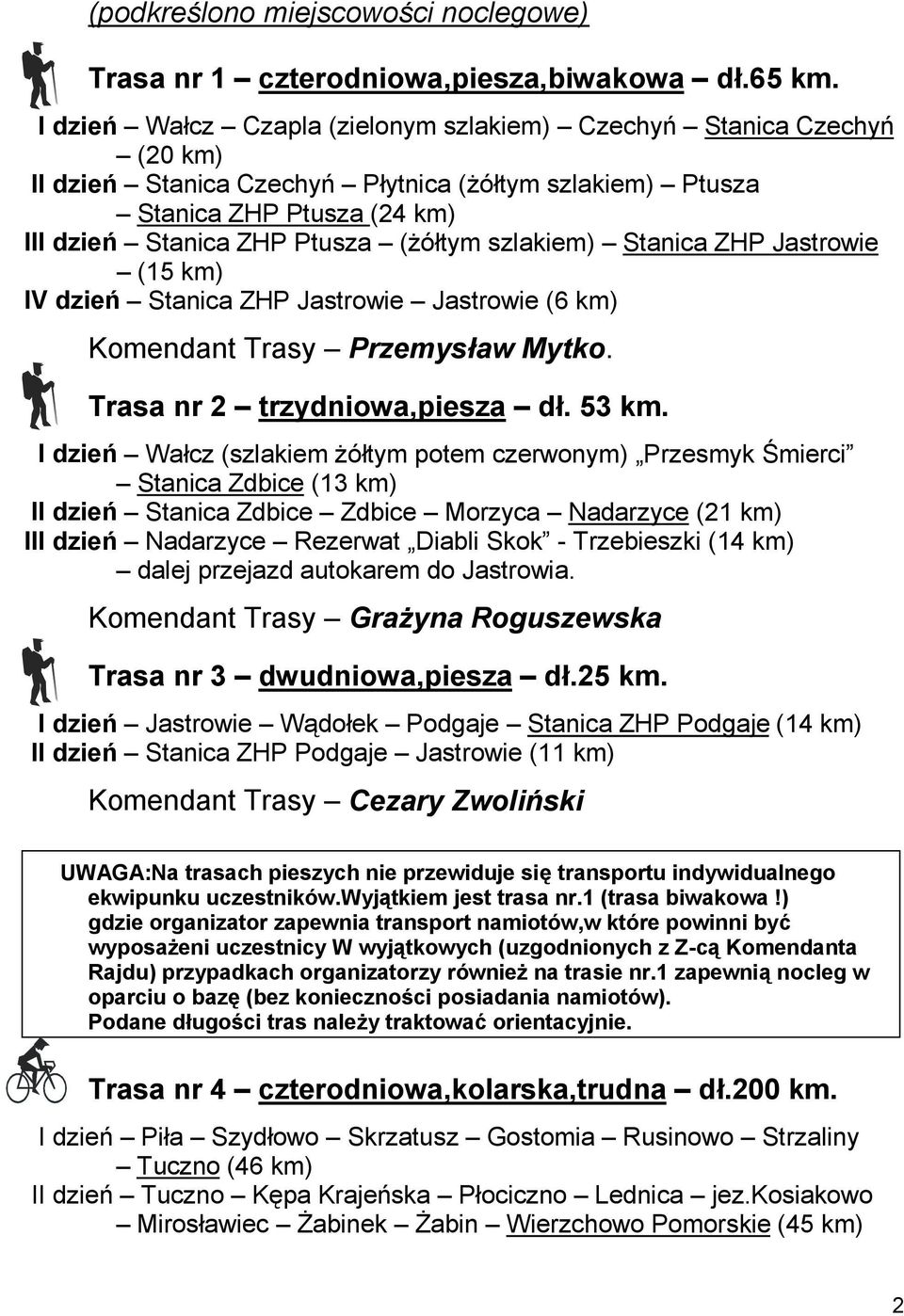 szlakiem) Stanica ZHP Jastrowie (15 km) IV dzień Stanica ZHP Jastrowie Jastrowie (6 km) Komendant Trasy Przemysław Mytko. Trasa nr 2 trzydniowa,piesza dł. 53 km.