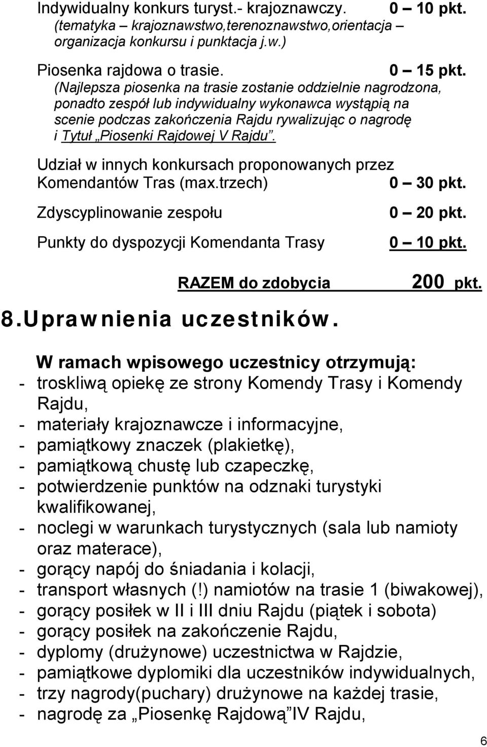 Rajdu. Udział w innych konkursach proponowanych przez Komendantów Tras (max.trzech) 0 30 pkt. Zdyscyplinowanie zespołu Punkty do dyspozycji Komendanta Trasy RAZEM do zdobycia 8.