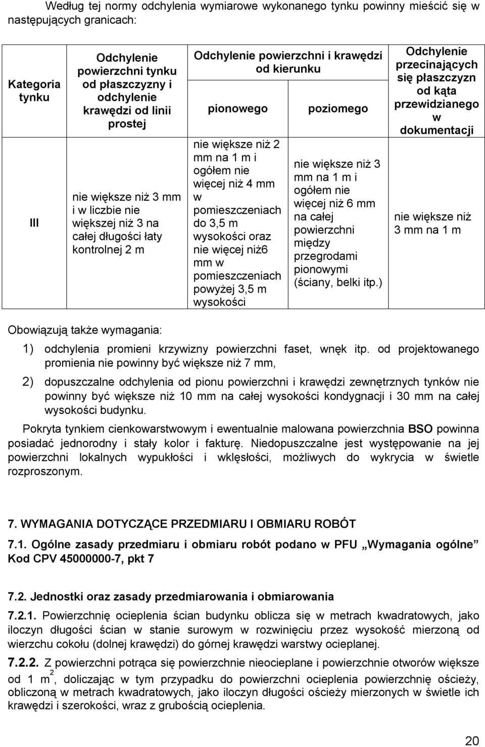 więcej niż 4 mm w pomieszczeniach do 3,5 m wysokości oraz nie więcej niż6 mm w pomieszczeniach powyżej 3,5 m wysokości poziomego nie większe niż 3 mm na 1 m i ogółem nie więcej niż 6 mm na całej