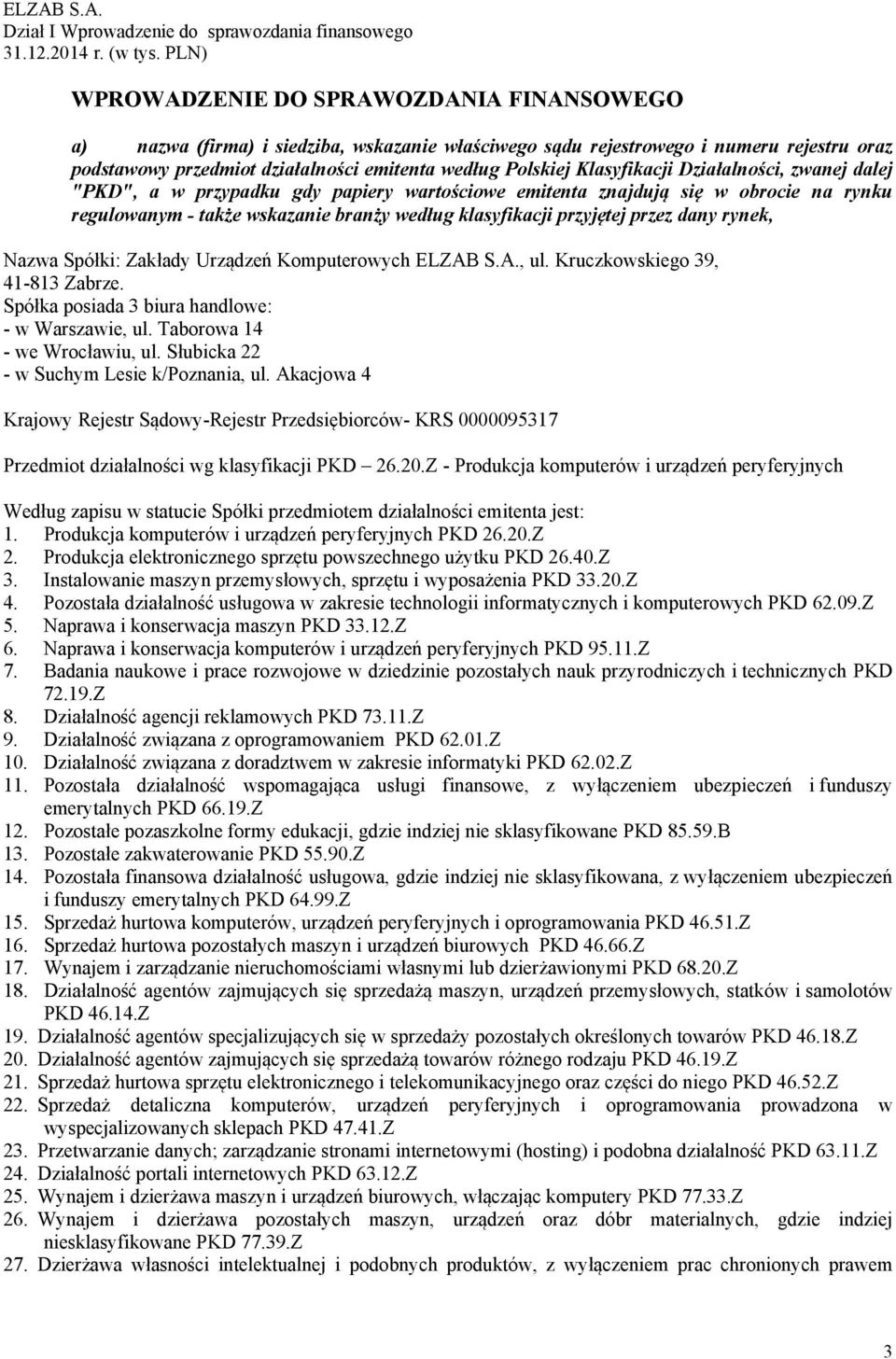 także wskazanie branży według klasyfikacji przyjętej przez dany rynek, Nazwa Spółki: Zakłady Urządzeń Komputerowych ELZAB S.A., ul. Kruczkowskiego 39, 41-813 Zabrze.