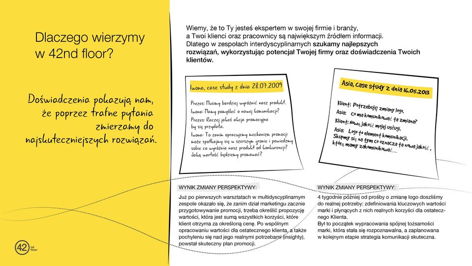 Doświadczenia pokazują nam, że poprzez trafne pytania zmierzamy do najskuteczniejszych rozwiązań. Iwona, case study z dnia 28.07.2009 Prezes: Musimy bardziej wyróżnić nasz produkt.