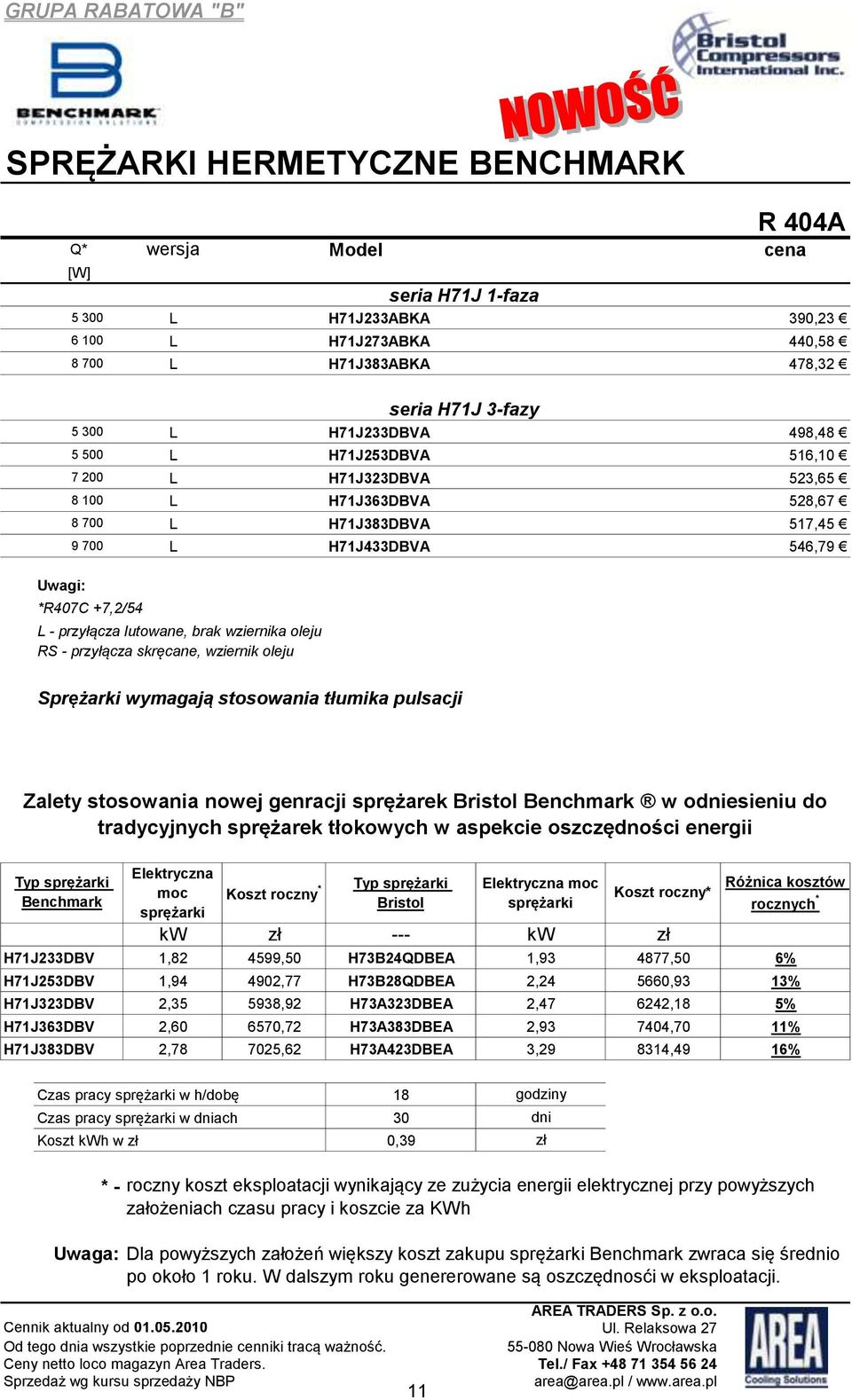 lutowane, brak wziernika oleju RS - przyłącza skręcane, wziernik oleju Sprężarki wymagają stosowania tłumika pulsacji Zalety stosowania nowej genracji sprężarek Bristol Benchmark w odniesieniu do