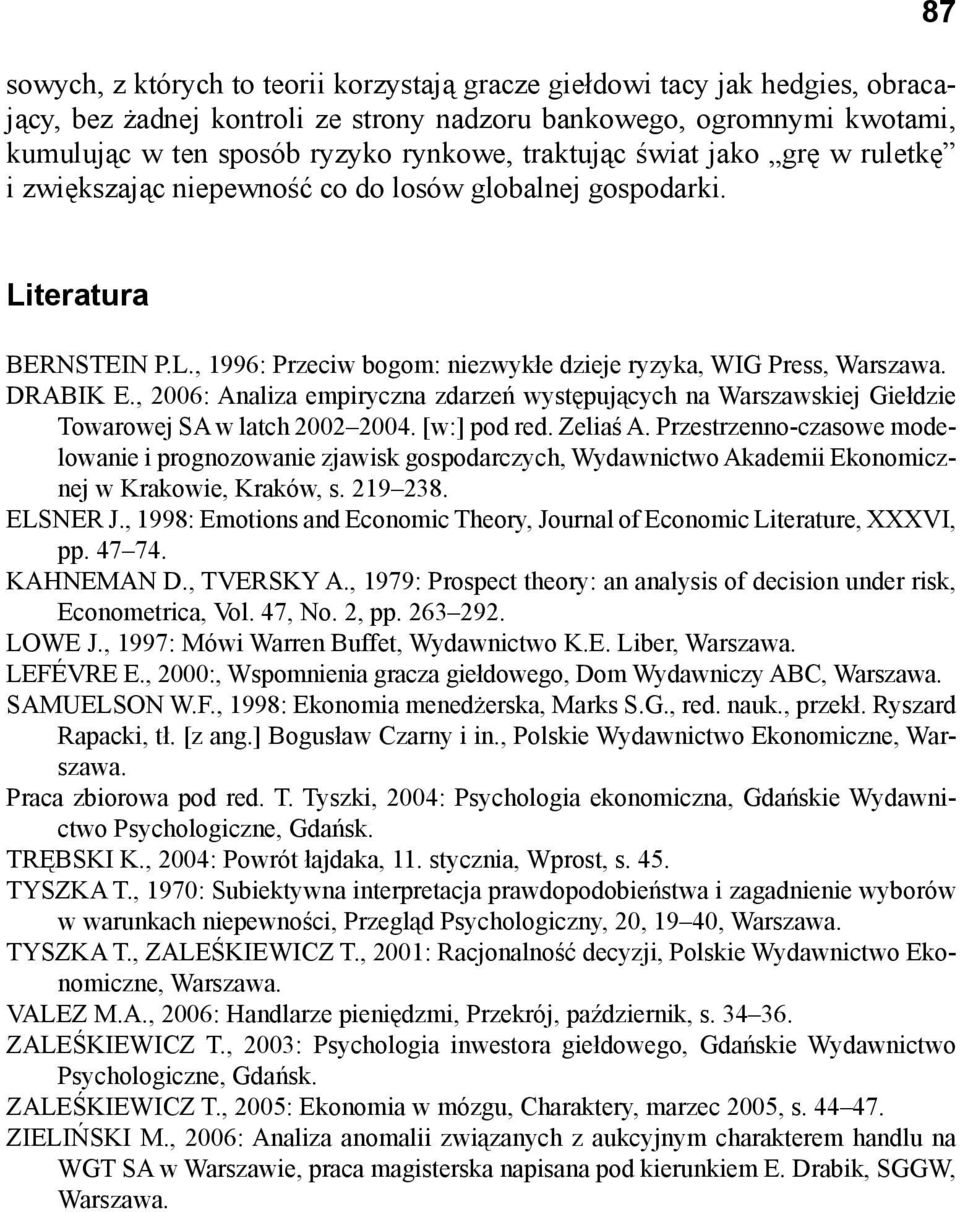 , 2006: Analiza empiryczna zdarzeń występujących na Warszawskiej Giełdzie Towarowej SA w latch 2002 2004. [w:] pod red. Zeliaś A.