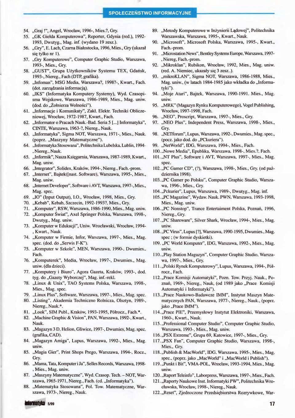 Infoman", MSG Media, Warszawa?, 1998?-, Kwart., Fach. (dot. zarządzania informacją). 60. IKS" (Informatyka Komputery Systemy), Wyd. Czasopi sma Wojskowe, Warszawa, 1986-1989, Mies., Mag. (dod.