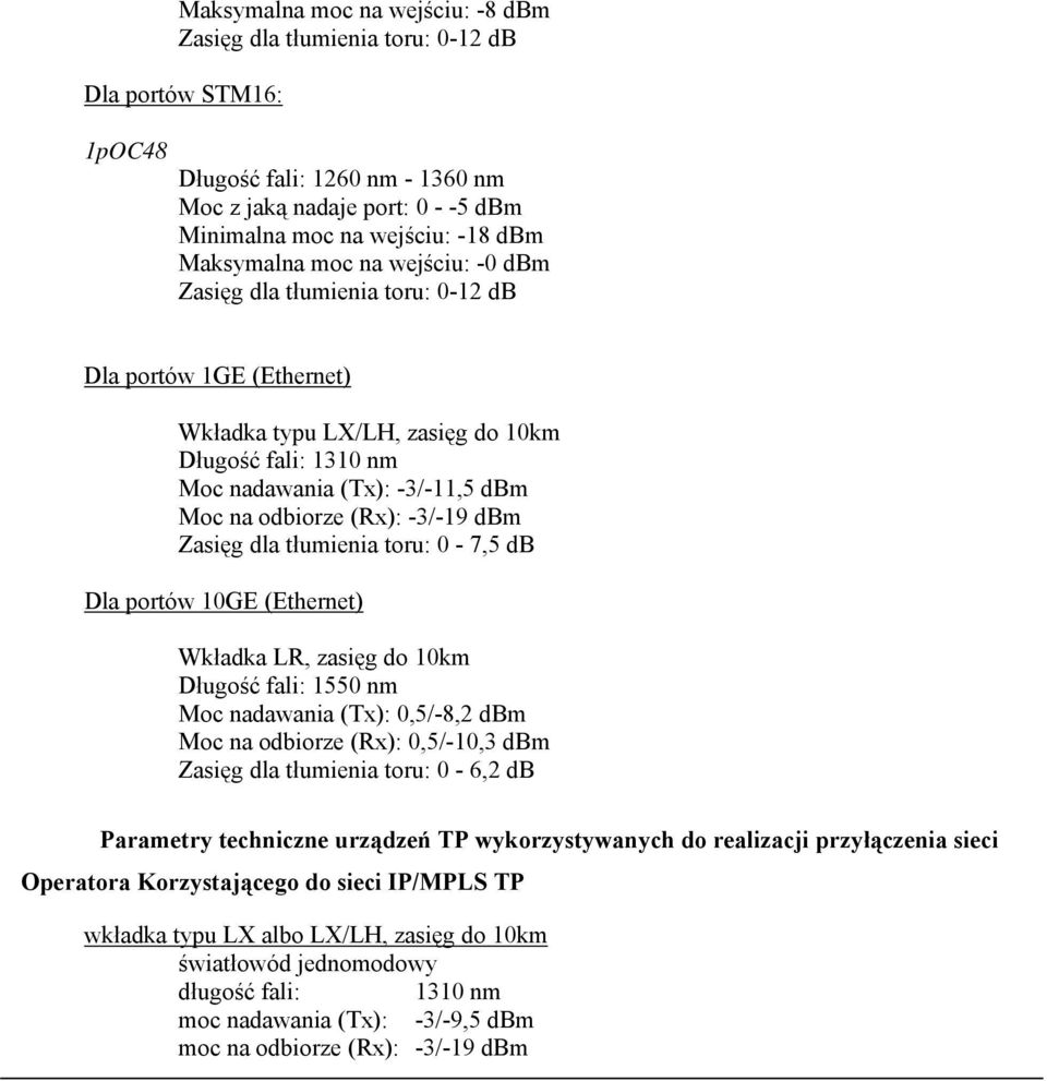 odbiorze (Rx): -3/-19 dbm Zasięg dla tłumienia toru: 0-7,5 db Dla portów 10GE (Ethernet) Wkładka LR, zasięg do 10km Długość fali: 1550 nm Moc nadawania (Tx): 0,5/-8,2 dbm Moc na odbiorze (Rx):