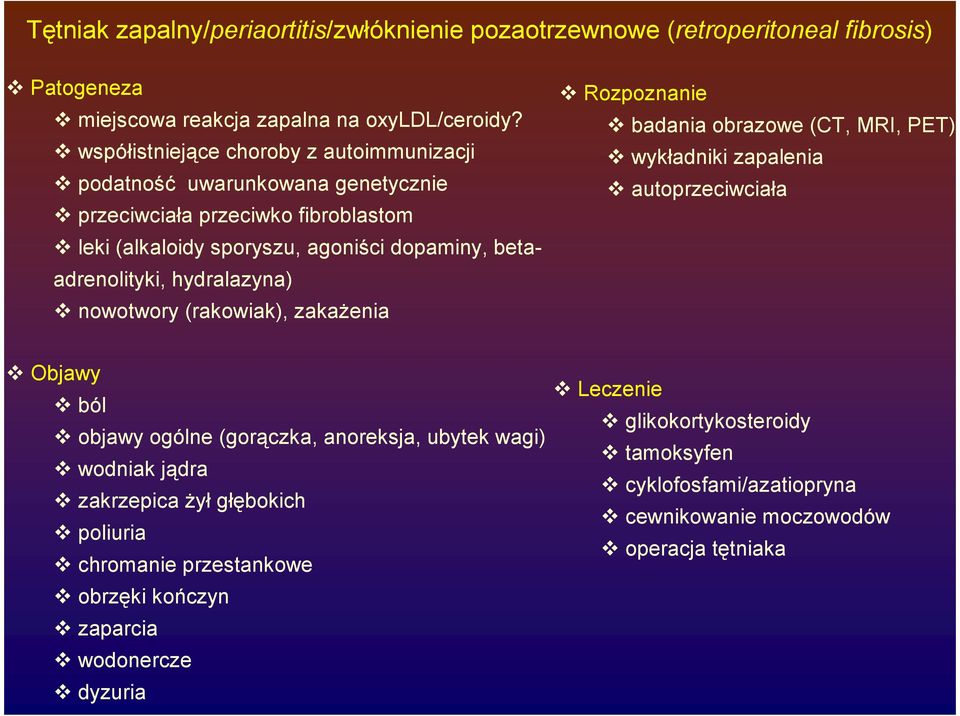 hydralazyna) nowotwory (rakowiak), zakaŝenia Rozpoznanie badania obrazowe (CT, MRI, PET) wykładniki zapalenia autoprzeciwciała Objawy ból objawy ogólne (gorączka, anoreksja, ubytek