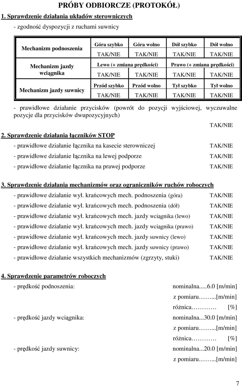 Lewo (+ zmiana prędkości) Prawo (+ zmiana prędkości) wciągnika TAK/NIE TAK/NIE TAK/NIE TAK/NIE Mechanizm jazdy suwnicy Przód szybko Przód wolno Tył szybko Tył wolno TAK/NIE TAK/NIE TAK/NIE TAK/NIE -