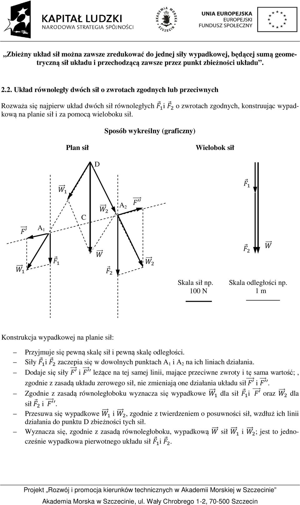 sił. Sposób wykreślny (graficzny) Plan sił Wielobok sił D C A 2 A 1 Skala sił np. 100 N Skala odległości np.