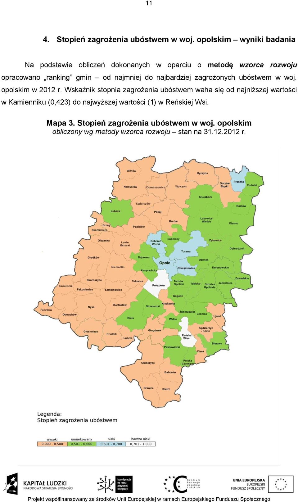 najmniej do najbardziej zagrożonych ubóstwem w woj. opolskim w 2012 r.