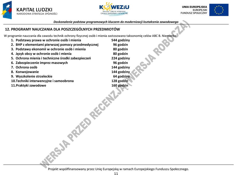 Język obcy w ochronie osób i mienia 80 godzin 5. Ochrona mienia i techniczne środki zabezpieczeń 224 godziny 6. Zabezpieczenie imprez masowych 96 godzin 7. Ochrona osób 144 godziny 8.