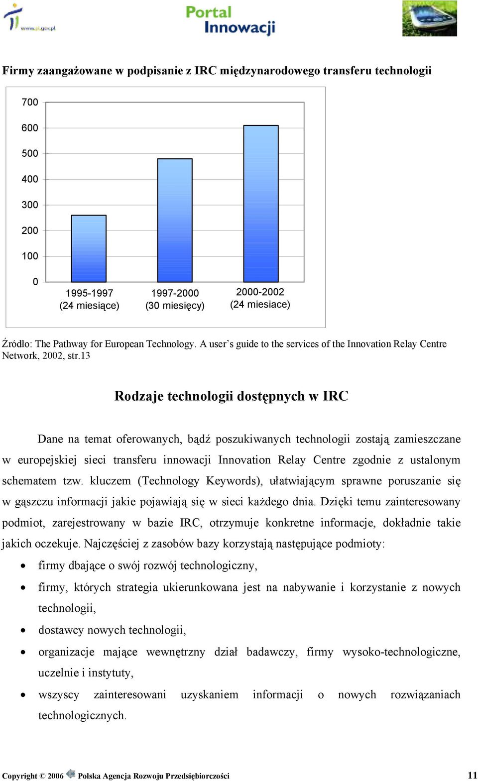 13 Rodzaje technologii dostępnych w IRC Dane na temat oferowanych, bądź poszukiwanych technologii zostają zamieszczane w europejskiej sieci transferu innowacji Innovation Relay Centre zgodnie z