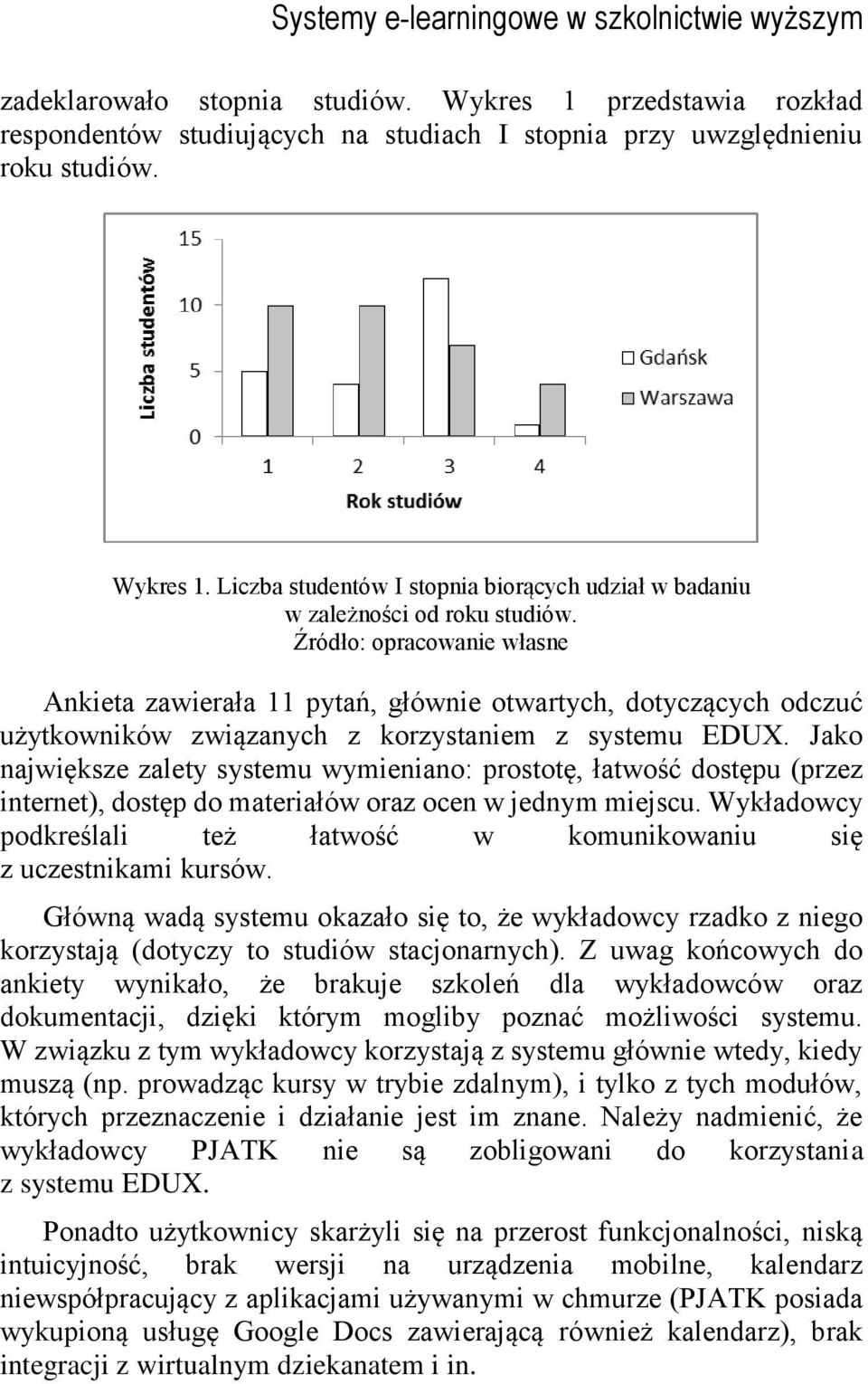 Jako największe zalety systemu wymieniano: prostotę, łatwość dostępu (przez internet), dostęp do materiałów oraz ocen w jednym miejscu.