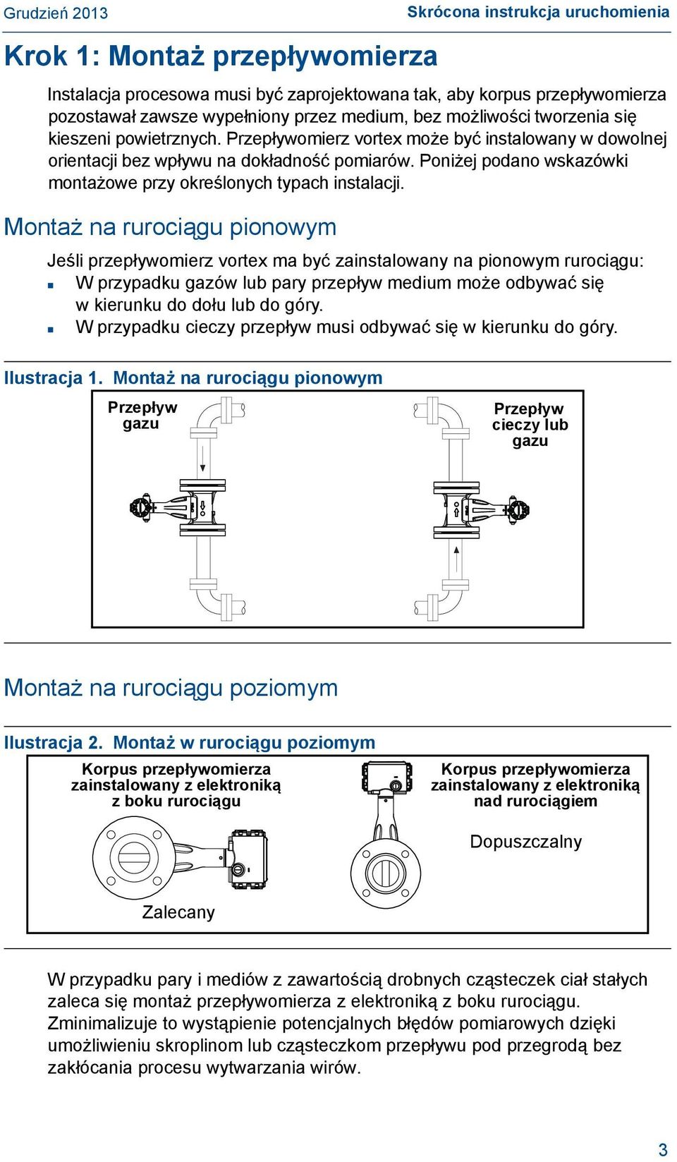 Montaż na rurociągu pionowym Jeśli przepływomierz vortex ma być zainstalowany na pionowym rurociągu: W przypadku gazów lub pary przepływ medium może odbywać się w kierunku do dołu lub do góry.