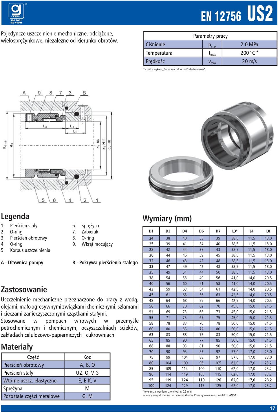 Wkręt mocujący B - Pokrywa pierścienia stałego Uszczelnienie mechaniczne przeznaczone do pracy z wodą, olejami, mało agresywnymi związkami chemicznymi, szlamami i cieczami zanieczyszczonymi cząstkami
