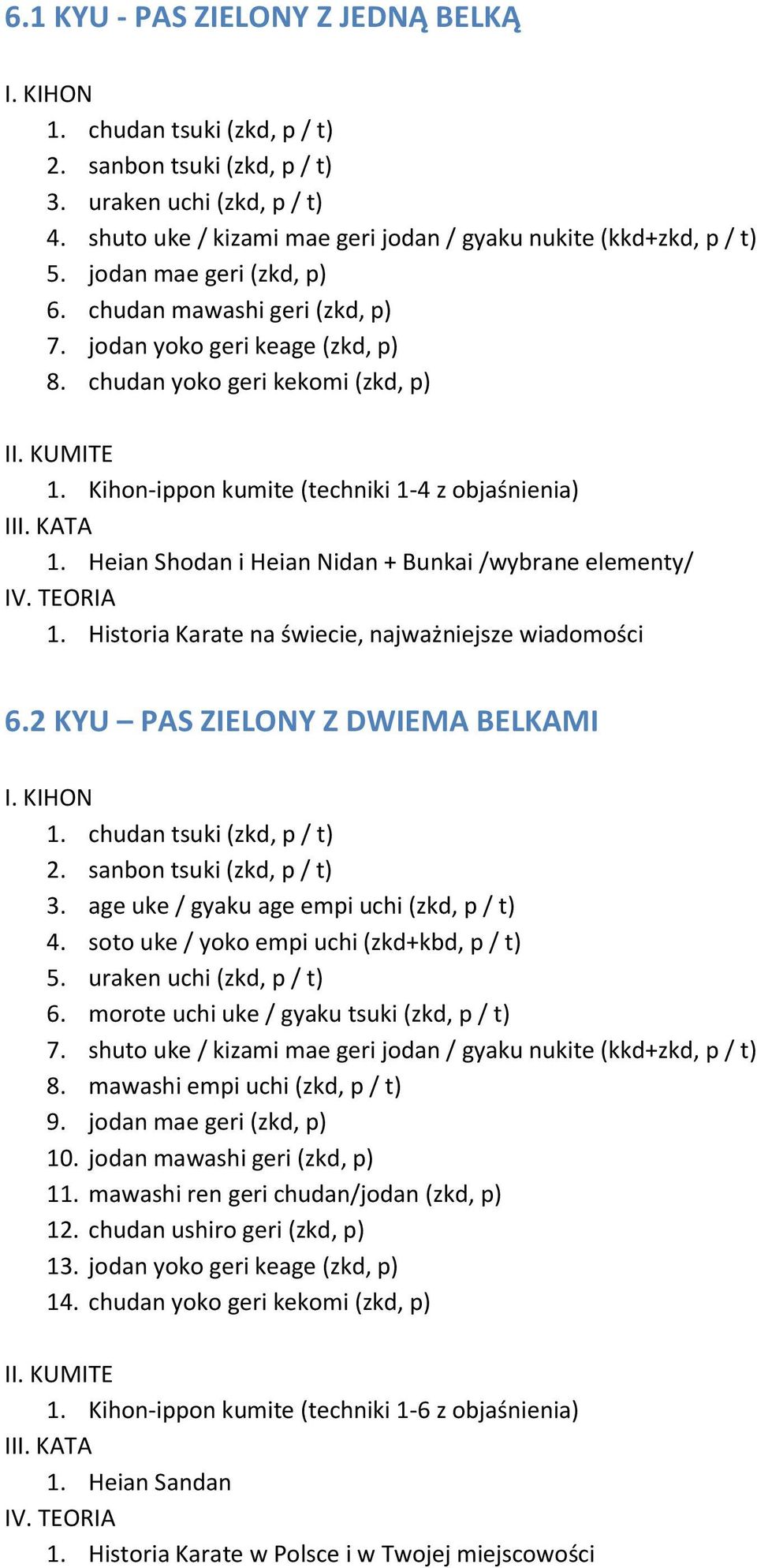 Heian Shodan i Heian Nidan + Bunkai /wybrane elementy/ 1. Historia Karate na świecie, najważniejsze wiadomości 6.2 KYU PAS ZIELONY Z DWIEMA BELKAMI 1. chudan tsuki (zkd, p / t) 2.