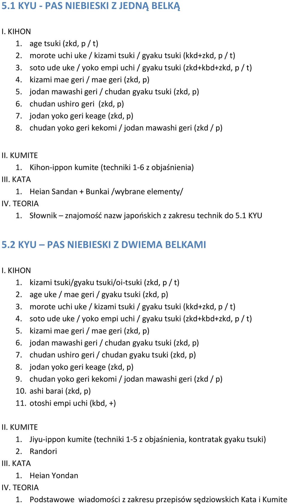 chudan yoko geri kekomi / jodan mawashi geri (zkd / p) 1. Kihon-ippon kumite (techniki 1-6 z objaśnienia) 1. Heian Sandan + Bunkai /wybrane elementy/ 1.