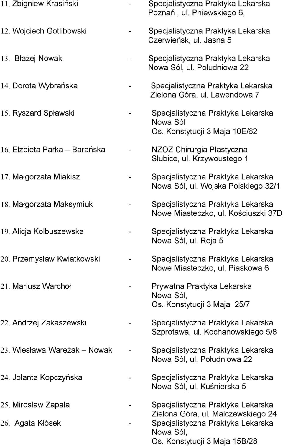 Ryszard Spławski - Specjalistyczna Praktyka Lekarska Os. Konstytucji 3 Maja 10E/62 16. Elżbieta Parka Barańska - NZOZ Chirurgia Plastyczna Słubice, ul. Krzywoustego 1 17.