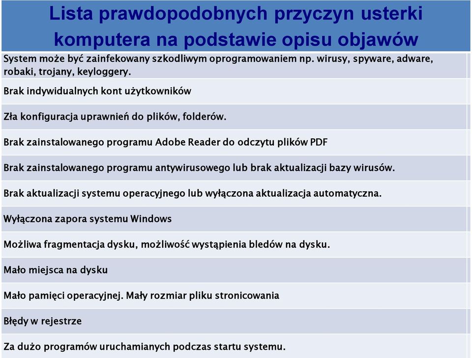 Brak zainstalowanego programu Adobe Reader do odczytu plików PDF Brak zainstalowanego programu antywirusowego lub brak aktualizacji bazy wirusów.