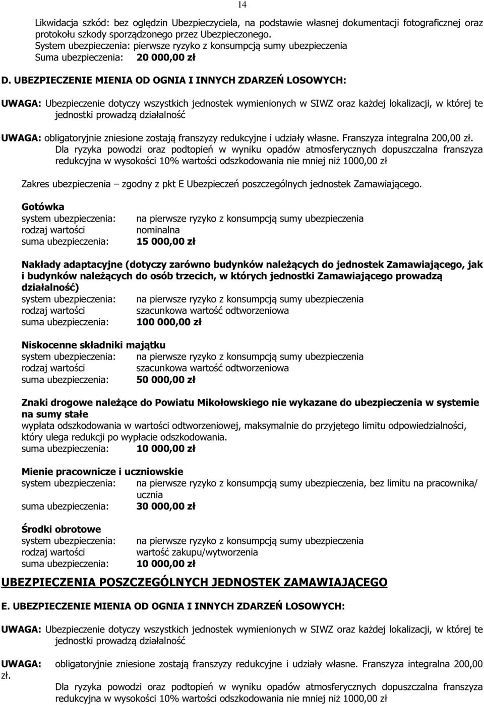 UBEZPIECZENIE MIENIA OD OGNIA I INNYCH ZDARZEŃ LOSOWYCH: UWAGA: Ubezpieczenie dotyczy wszystkich jednostek wymienionych w SIWZ oraz każdej lokalizacji, w której te jednostki prowadzą działalność